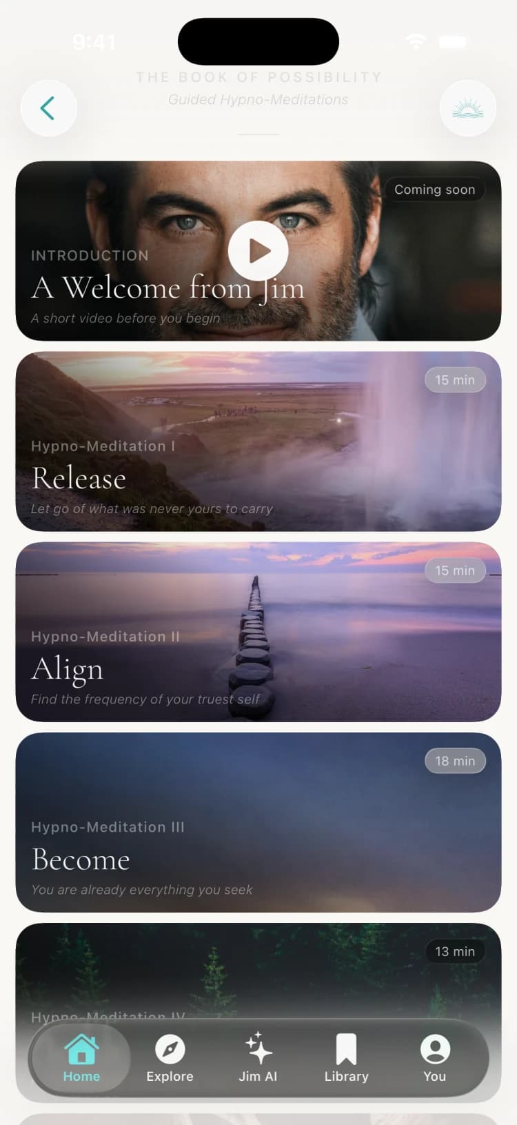 The Book Companion in The Possibility app, showing guided hypno-meditations